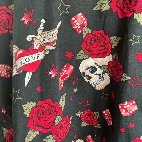 Hot Topic Pin Up Traditional Tattoo Skull Roses Dice Dagger Wing Heart Dress L - Picture 11 of 12